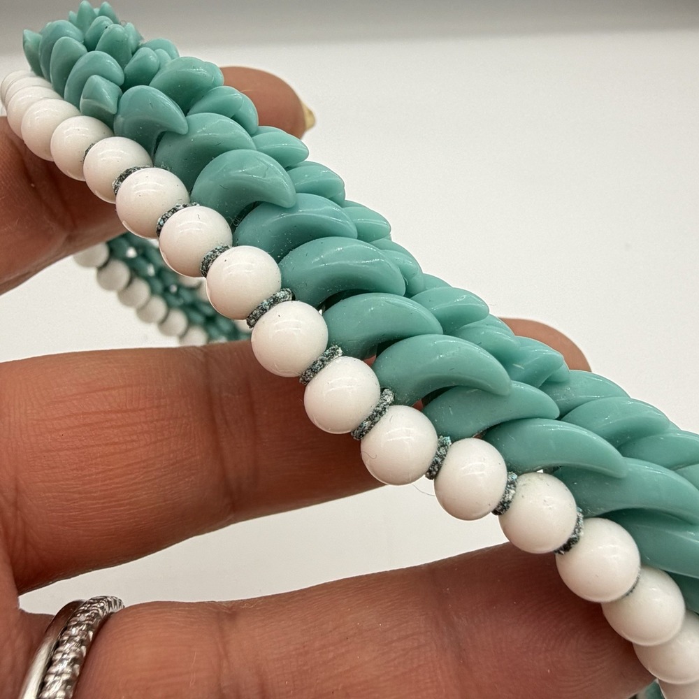 Vtg Haskell Era Turquoise Milk Glass Choker Necklace Hand Made Blue White Spiked - Picture 6 of 13